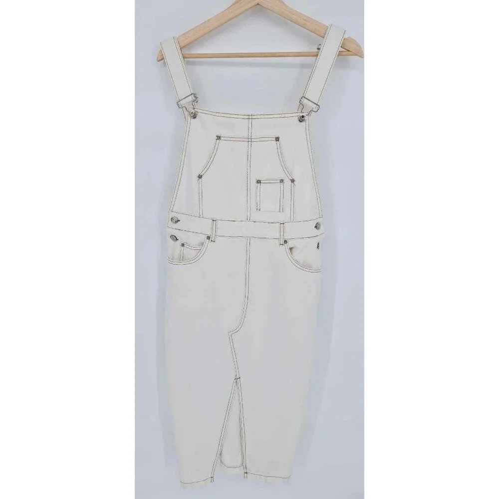 Zara Off White Brown Stitches Denim Overall Dress Bib Skirt Size Medium - Picture 6 of 14